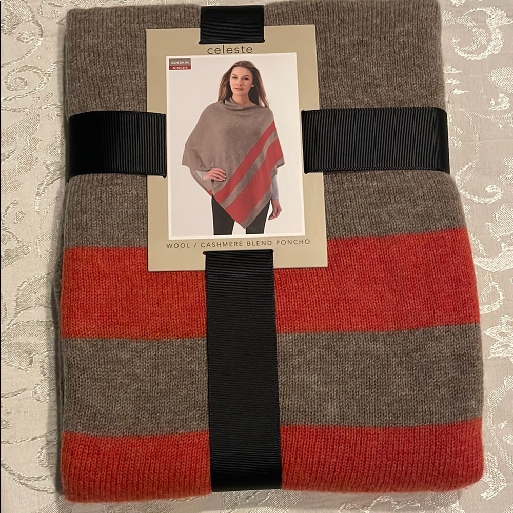 Celeste Color-Block Knit Poncho in Brown and Orange